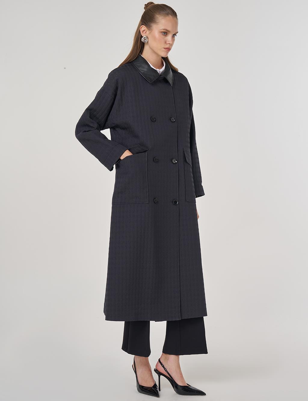 Şömizye Yaka Kaz Ayağı Desen Trençkot Siyah