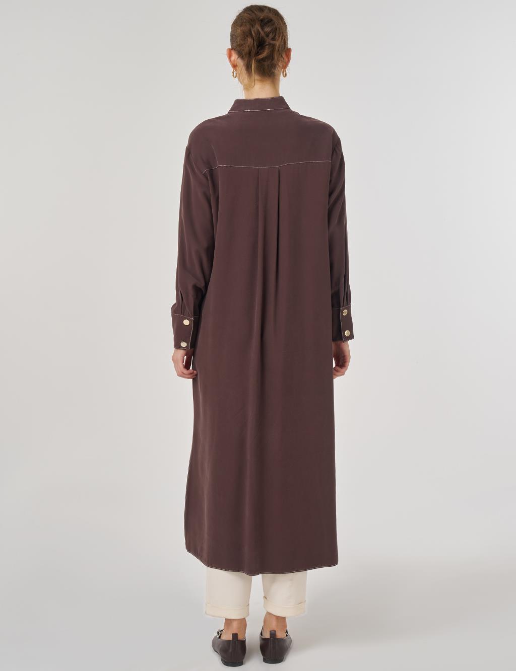 Zipper Detailed Long Tunic in Dark Brown