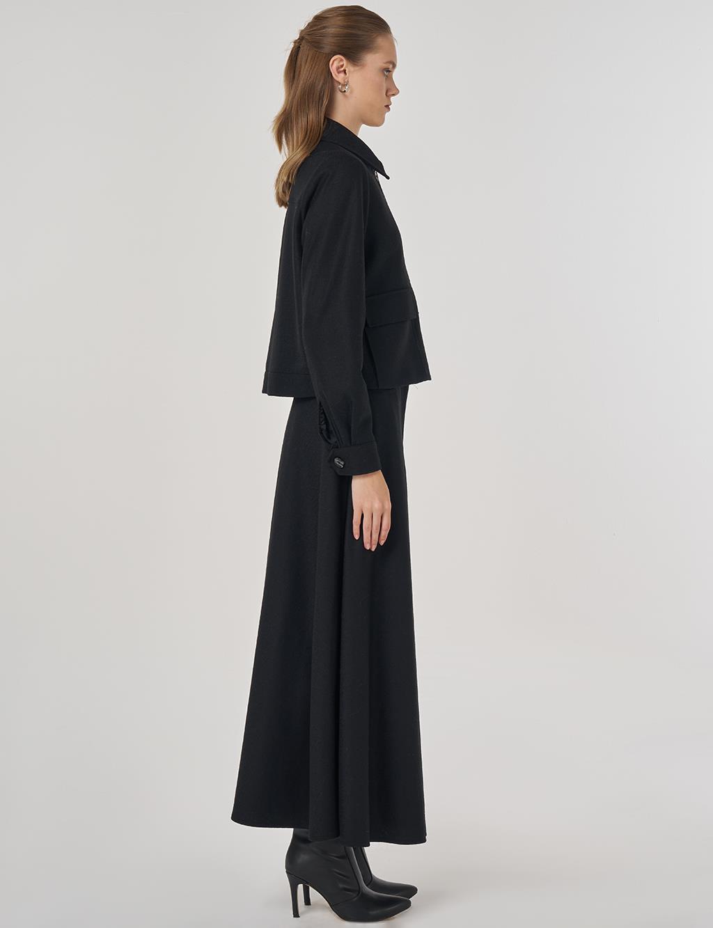 Torba Cep Detaylı Yün Etekli Takım Siyah