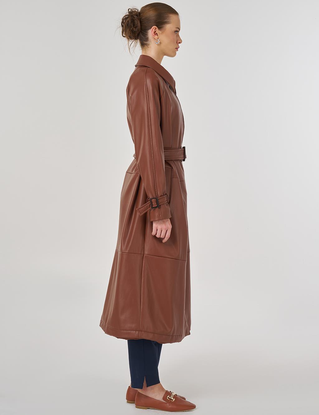 Faux Leather Trench Coat with Stitching Details in Tan