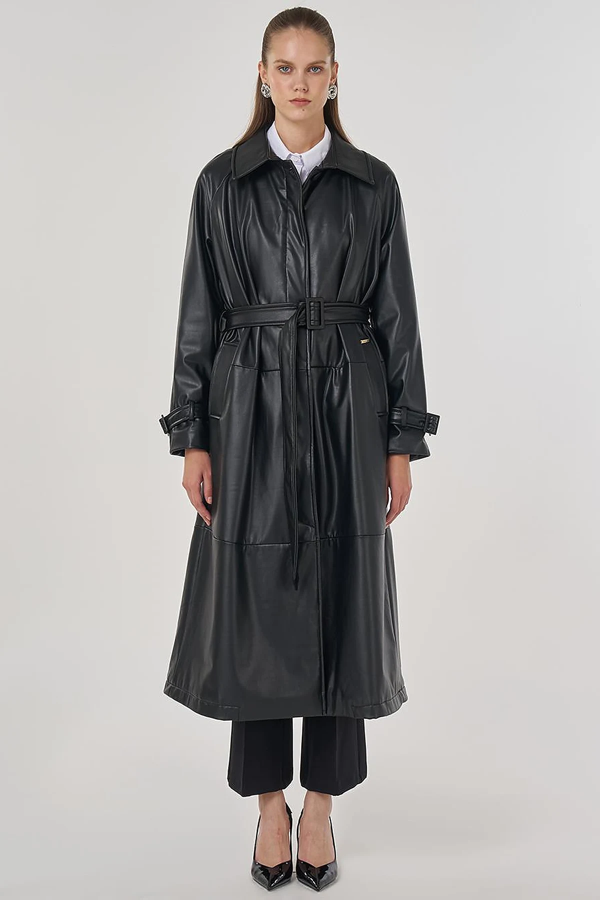 Faux Leather Trench Coat with Stitching Details in Black