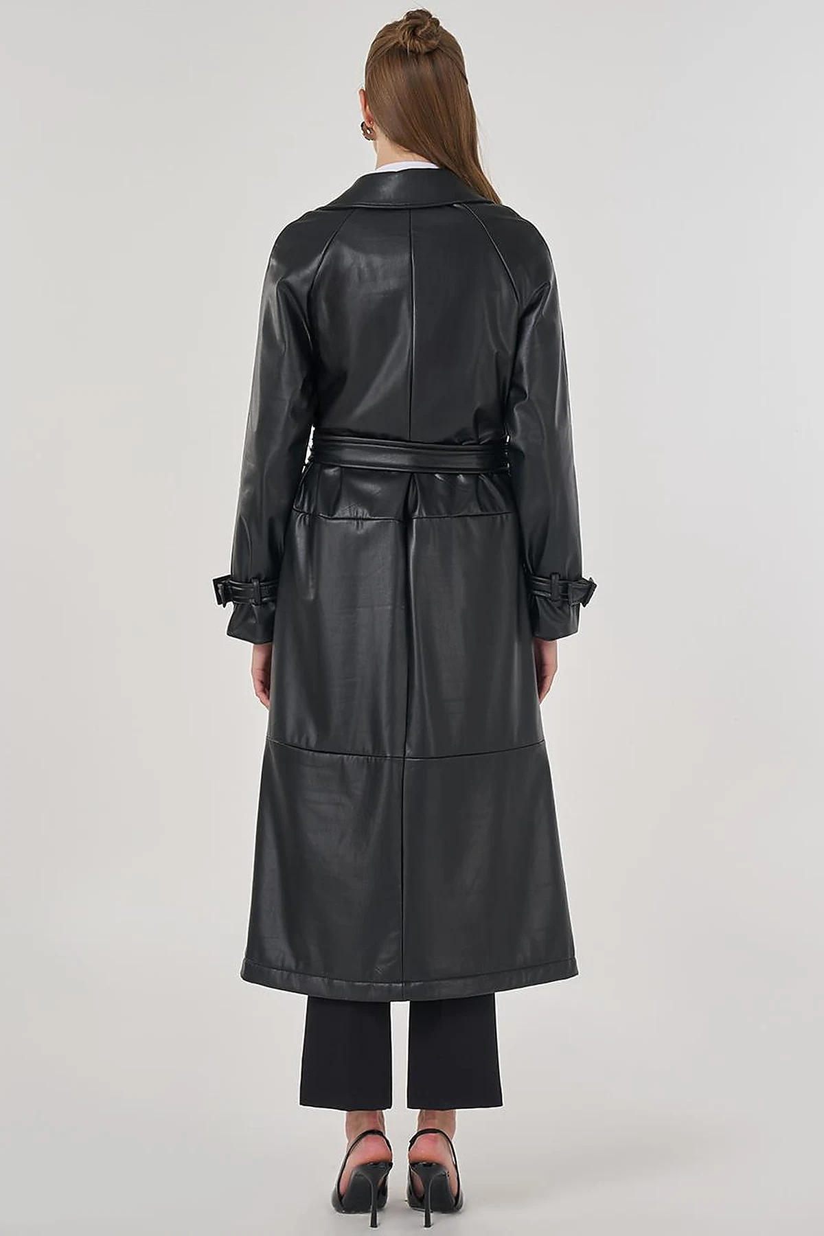 Faux Leather Trench Coat with Stitching Details in Black