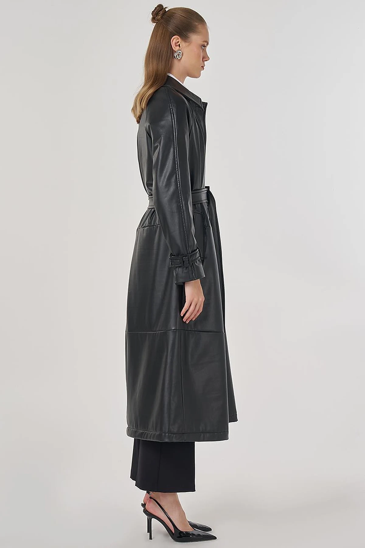 Faux Leather Trench Coat with Stitching Details in Black