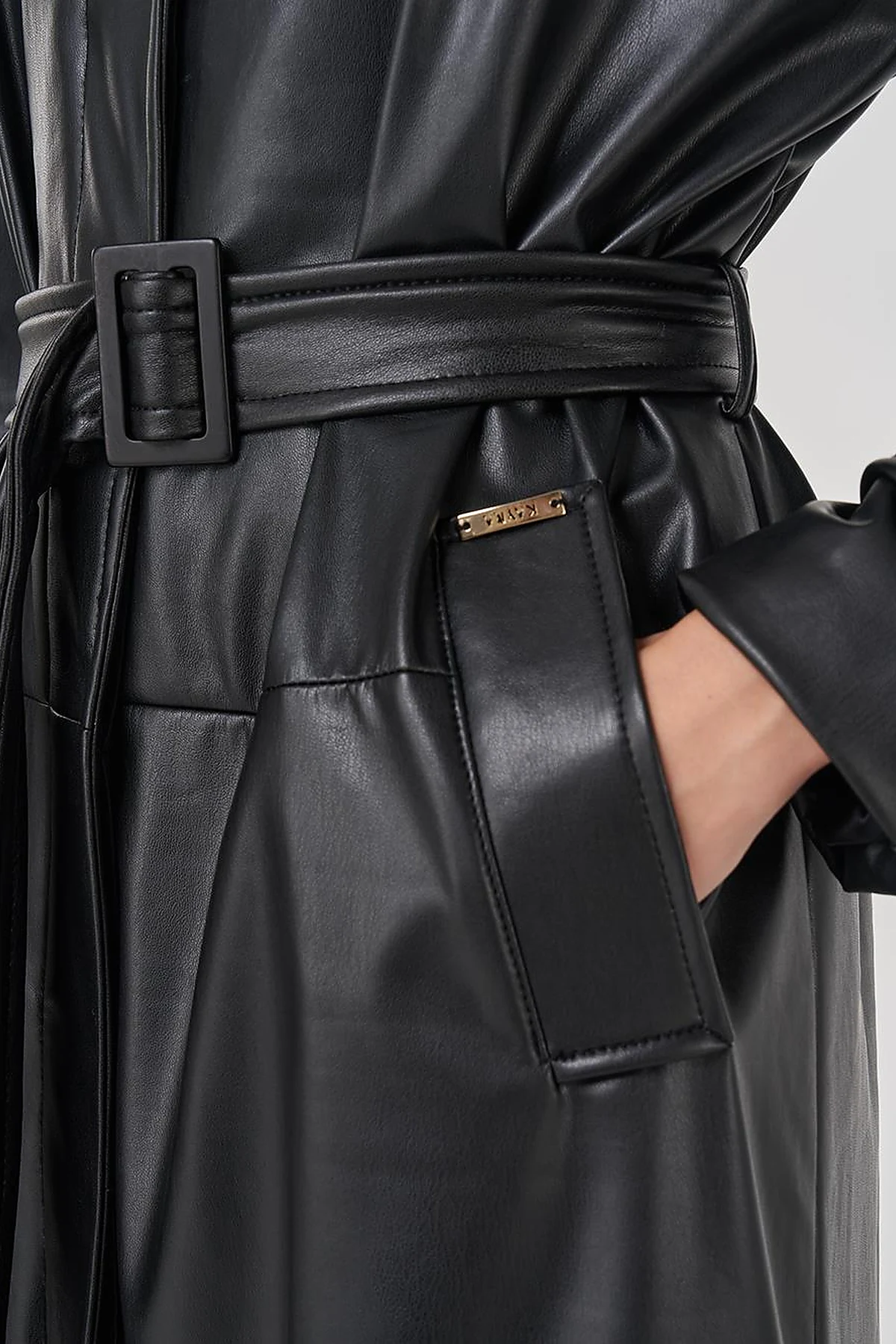 Faux Leather Trench Coat with Stitching Details in Black