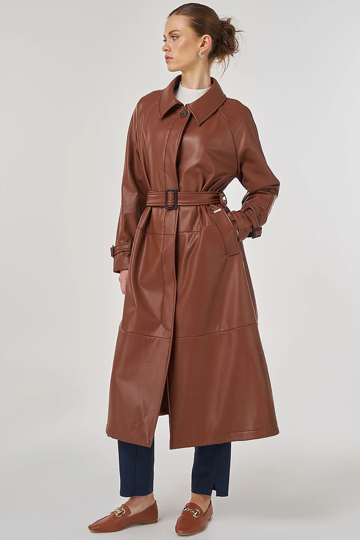 Faux Leather Trench Coat with Stitching Details in Tan