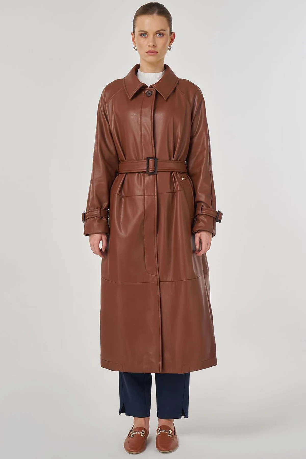 Faux Leather Trench Coat with Stitching Details in Tan