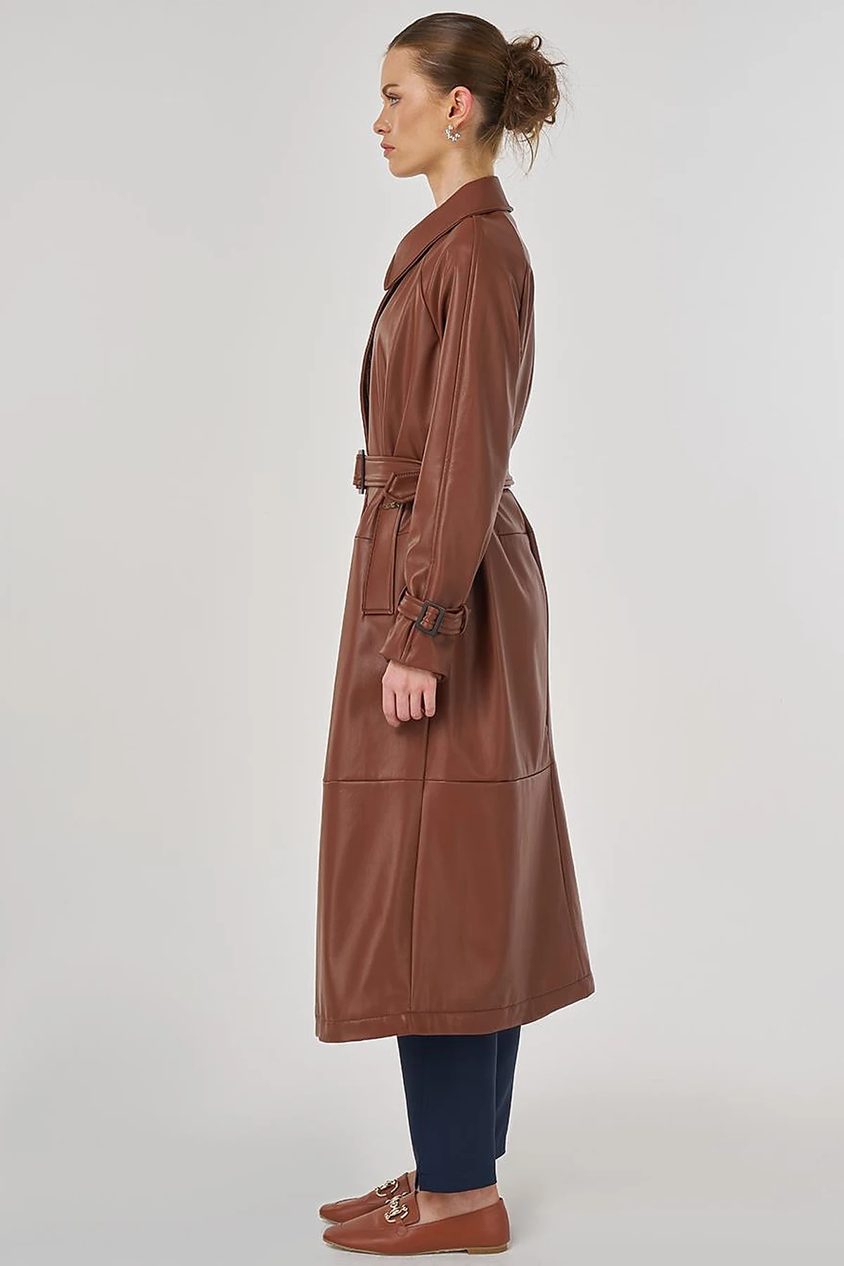 Faux Leather Trench Coat with Stitching Details in Tan