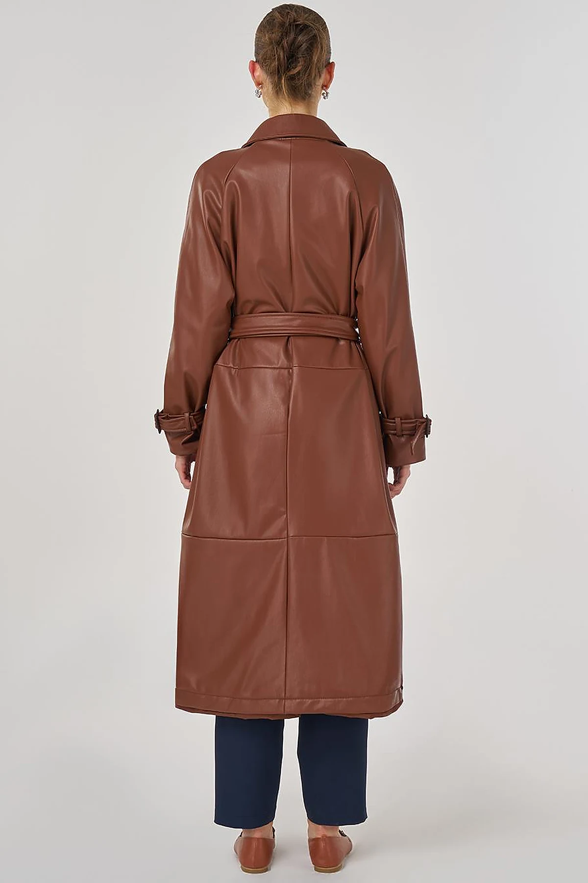 Faux Leather Trench Coat with Stitching Details in Tan