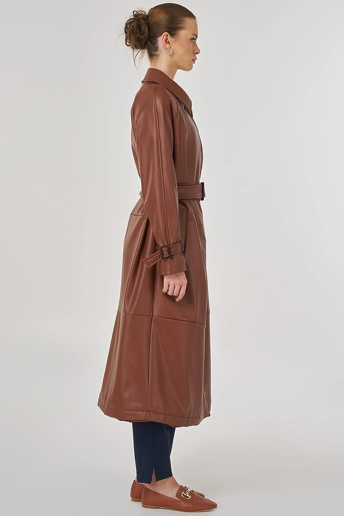 Faux Leather Trench Coat with Stitching Details in Tan