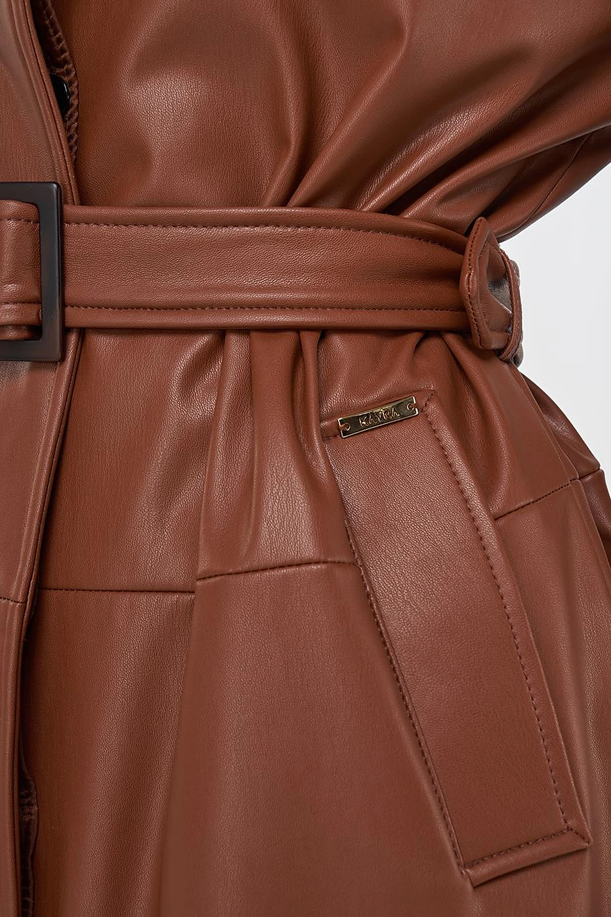 Faux Leather Trench Coat with Stitching Details in Tan