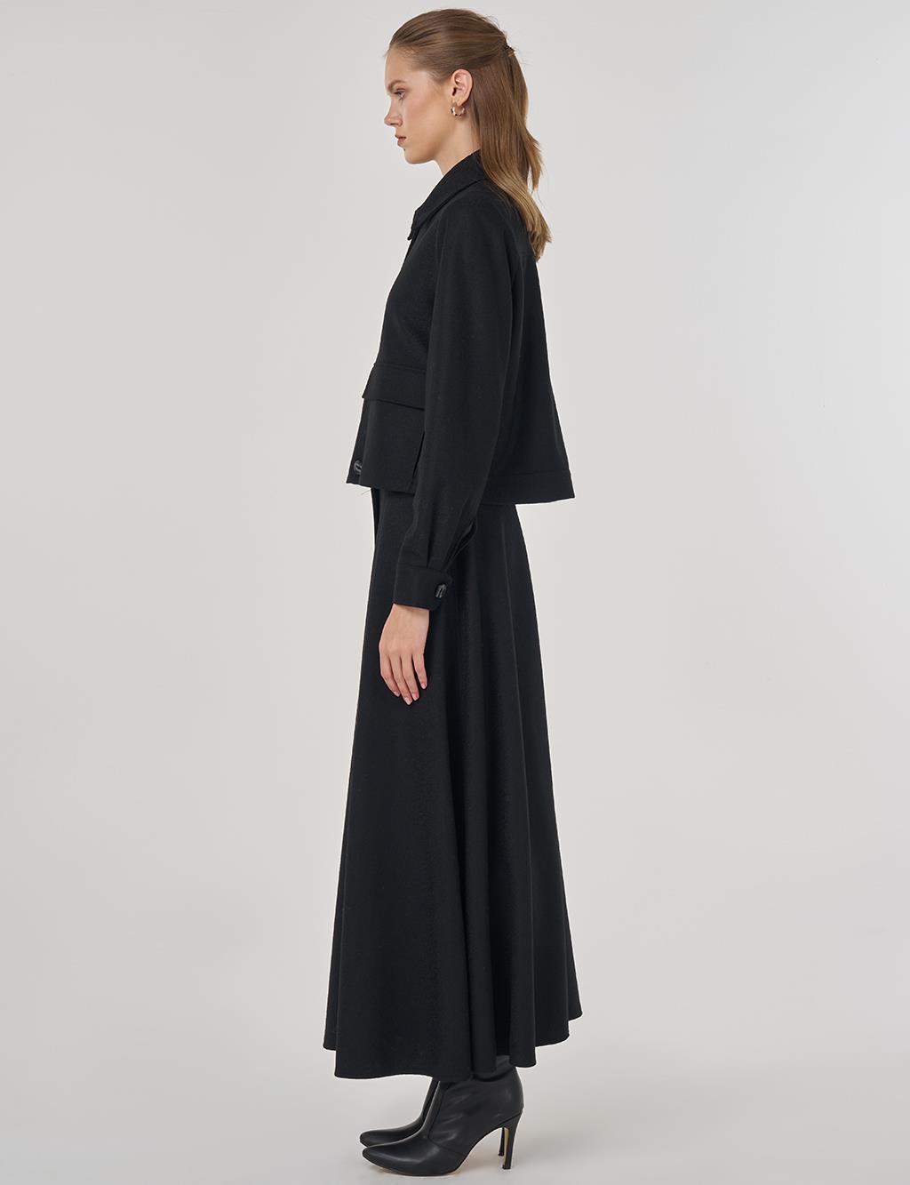 Torba Cep Detaylı Yün Etekli Takım Siyah