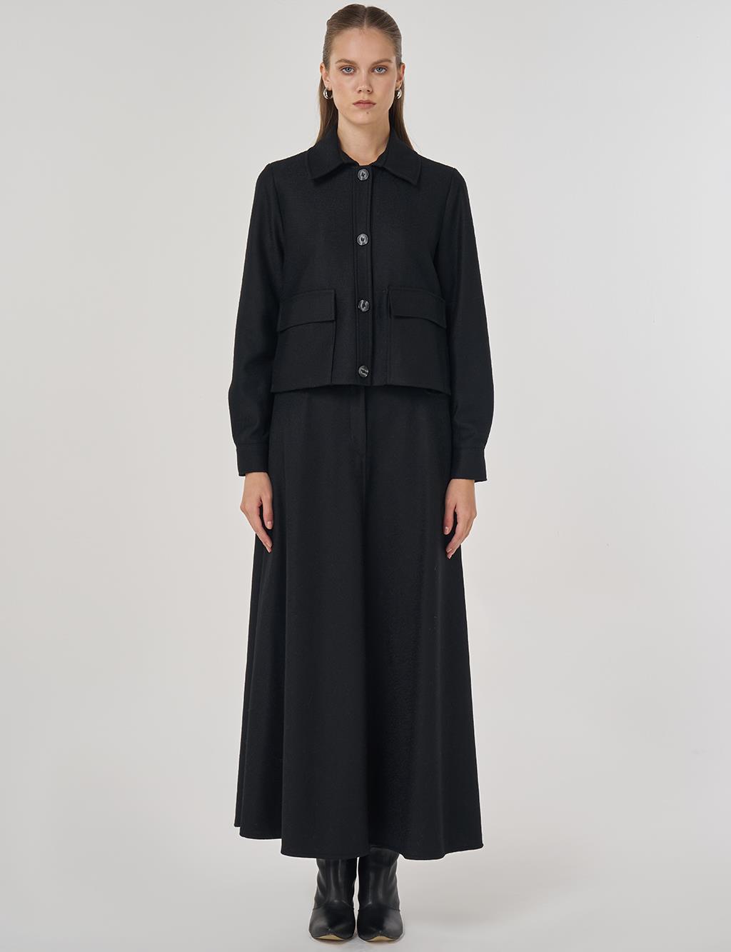 Torba Cep Detaylı Yün Etekli Takım Siyah