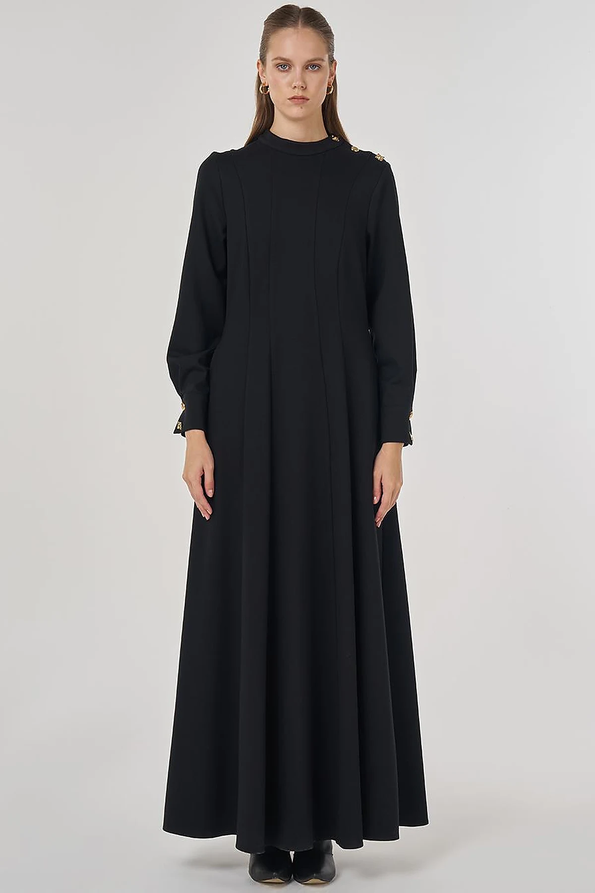 Shiny Button Rayon Dress Black