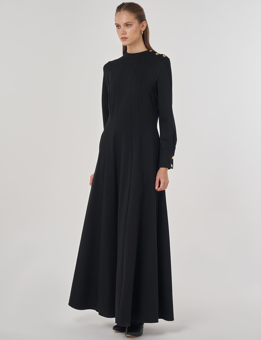 Shiny Button Rayon Dress Black