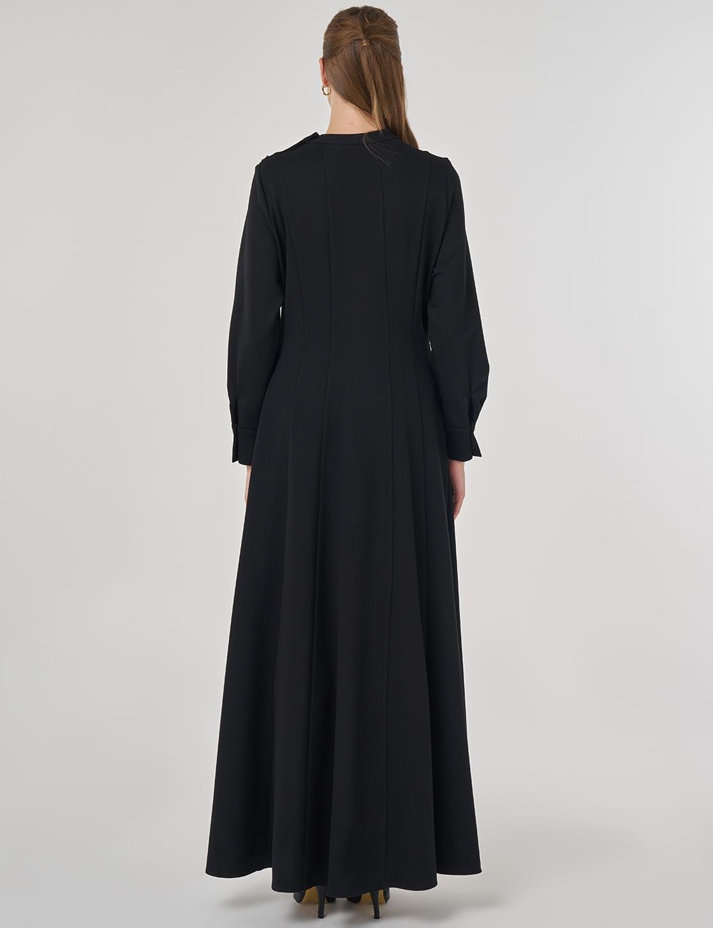 Shiny Button Rayon Dress Black