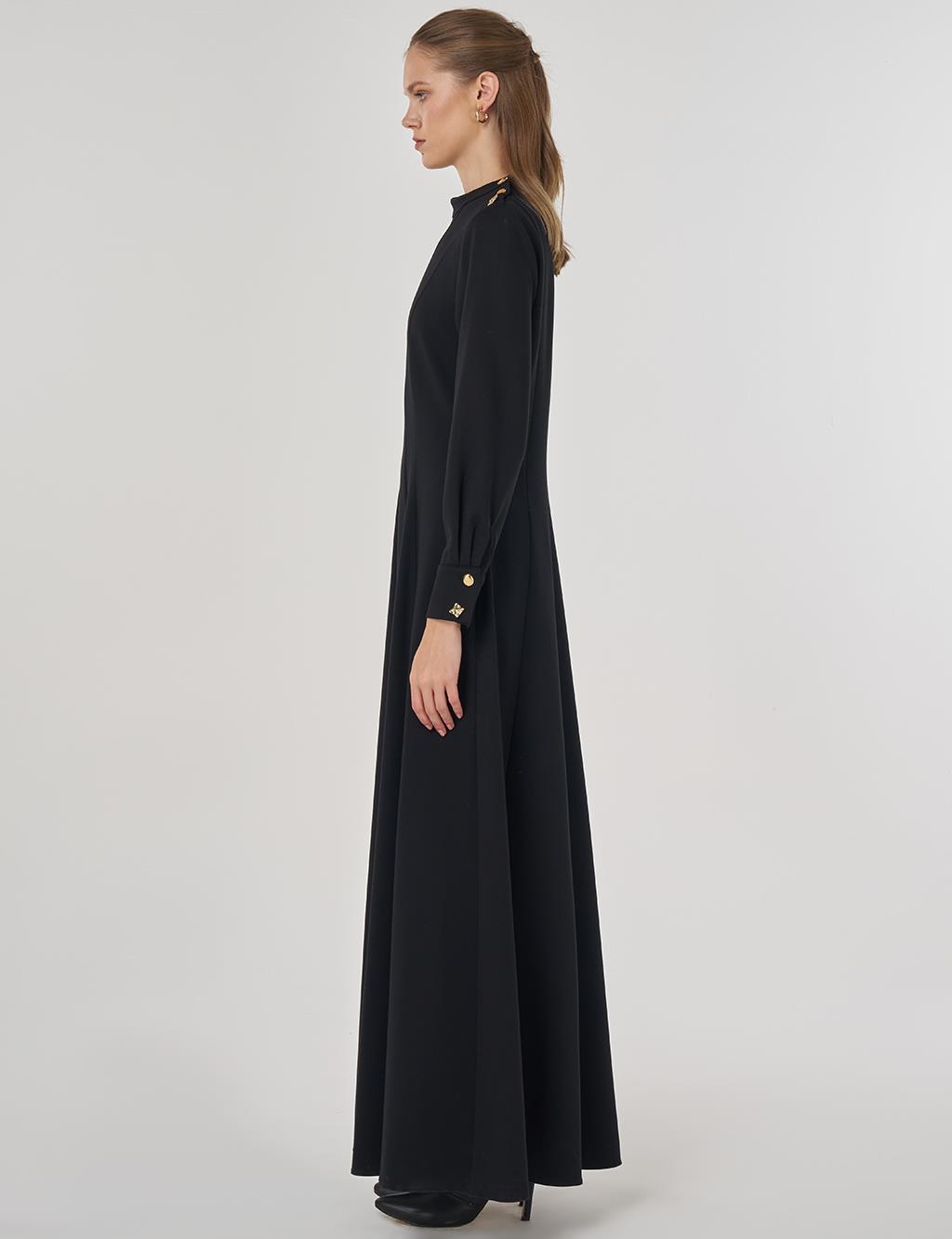 Shiny Button Rayon Dress Black