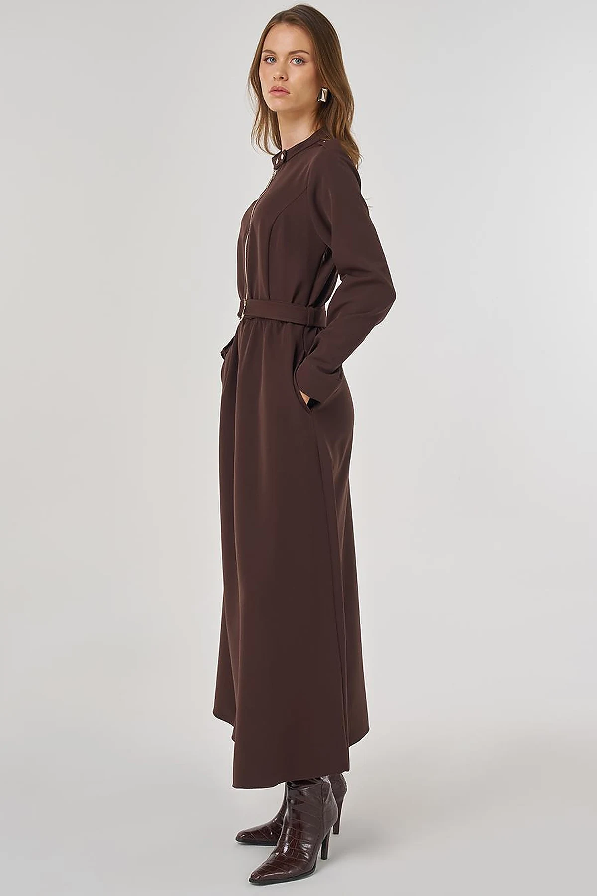 Belt Detailed Maxi Dress in Dark Brown