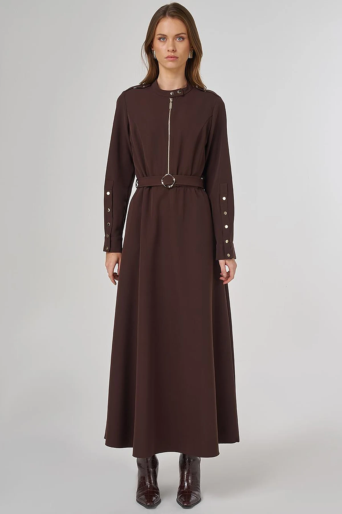 Belt Detailed Maxi Dress in Dark Brown