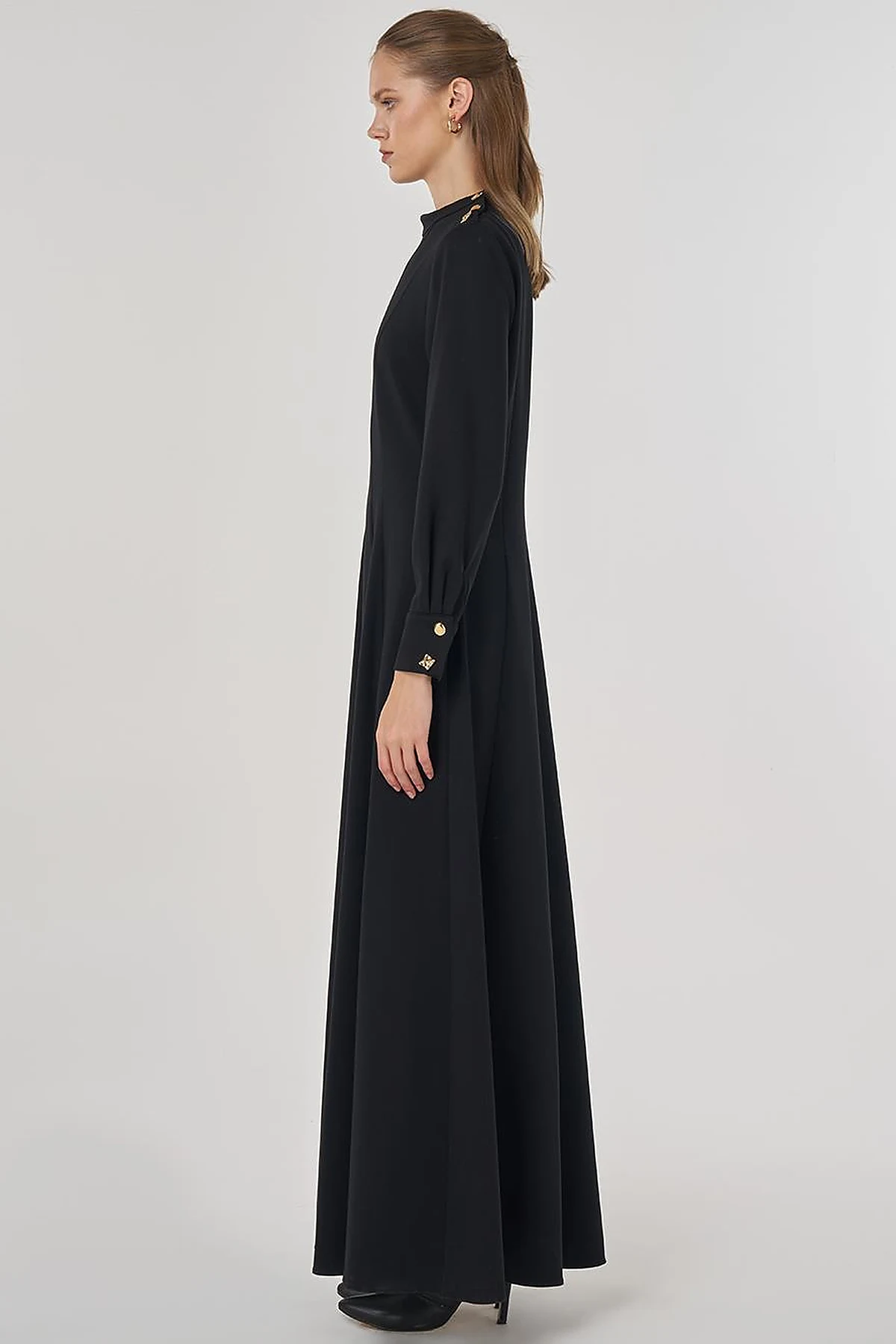 Shiny Button Rayon Dress Black