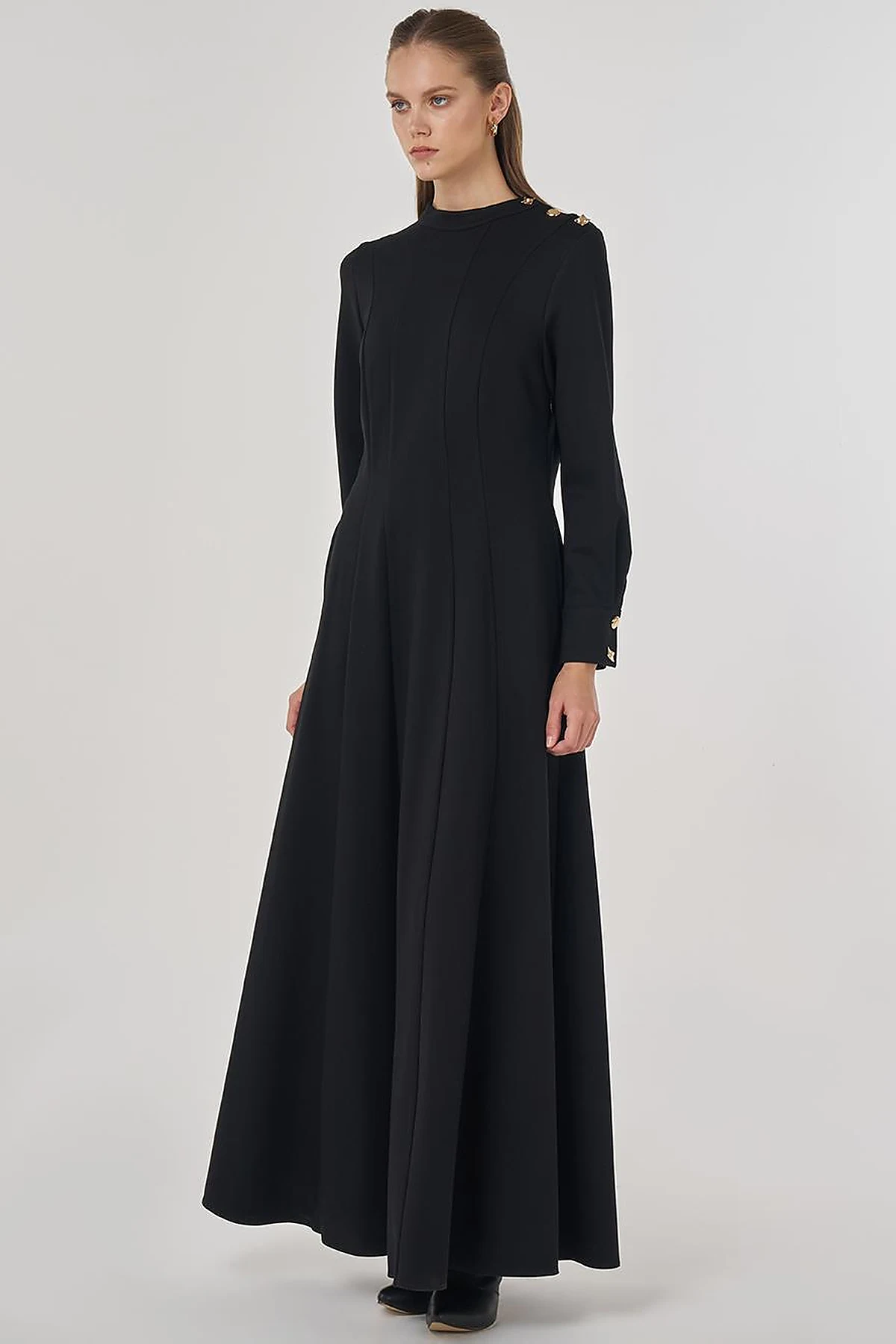 Shiny Button Rayon Dress Black