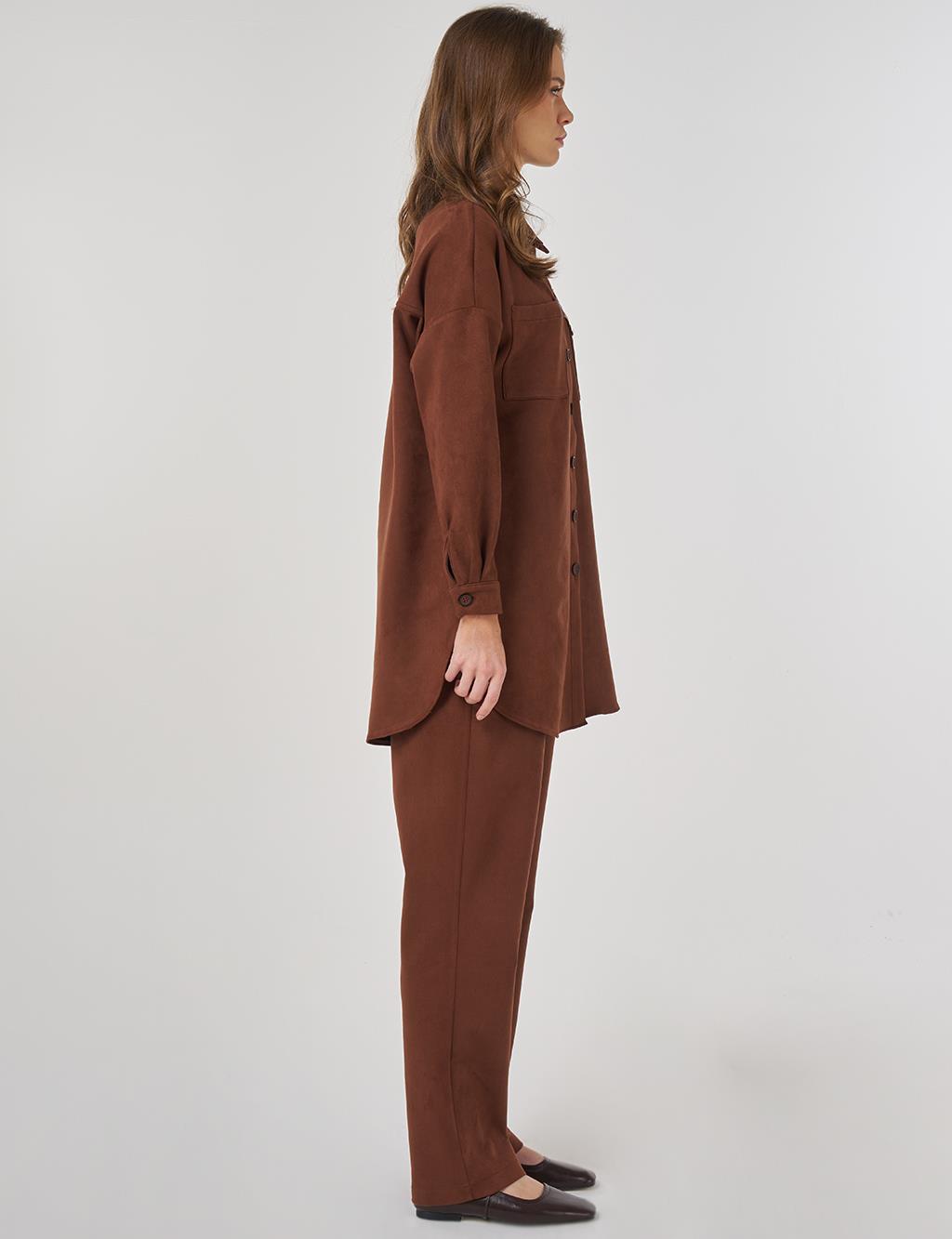 Embroidered Appliquéd Suede Two-Piece Suit in Camel