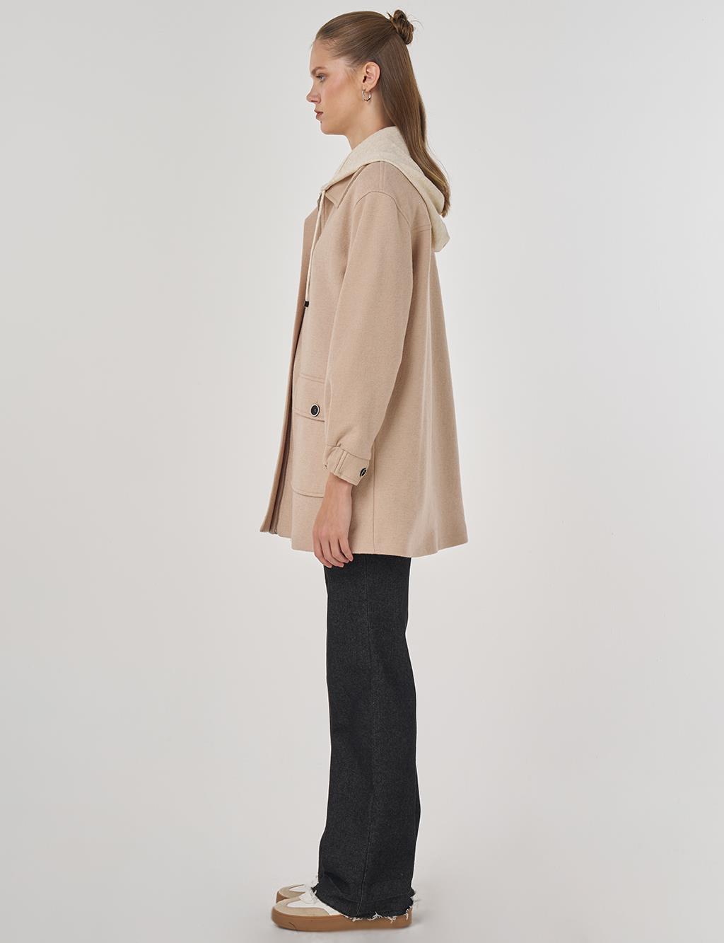 Kapüşonlu Yün Ceket Açık Bej