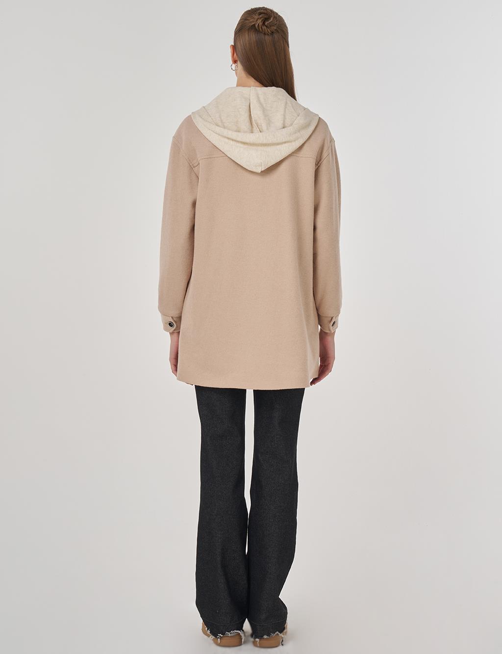 Kapüşonlu Yün Ceket Açık Bej