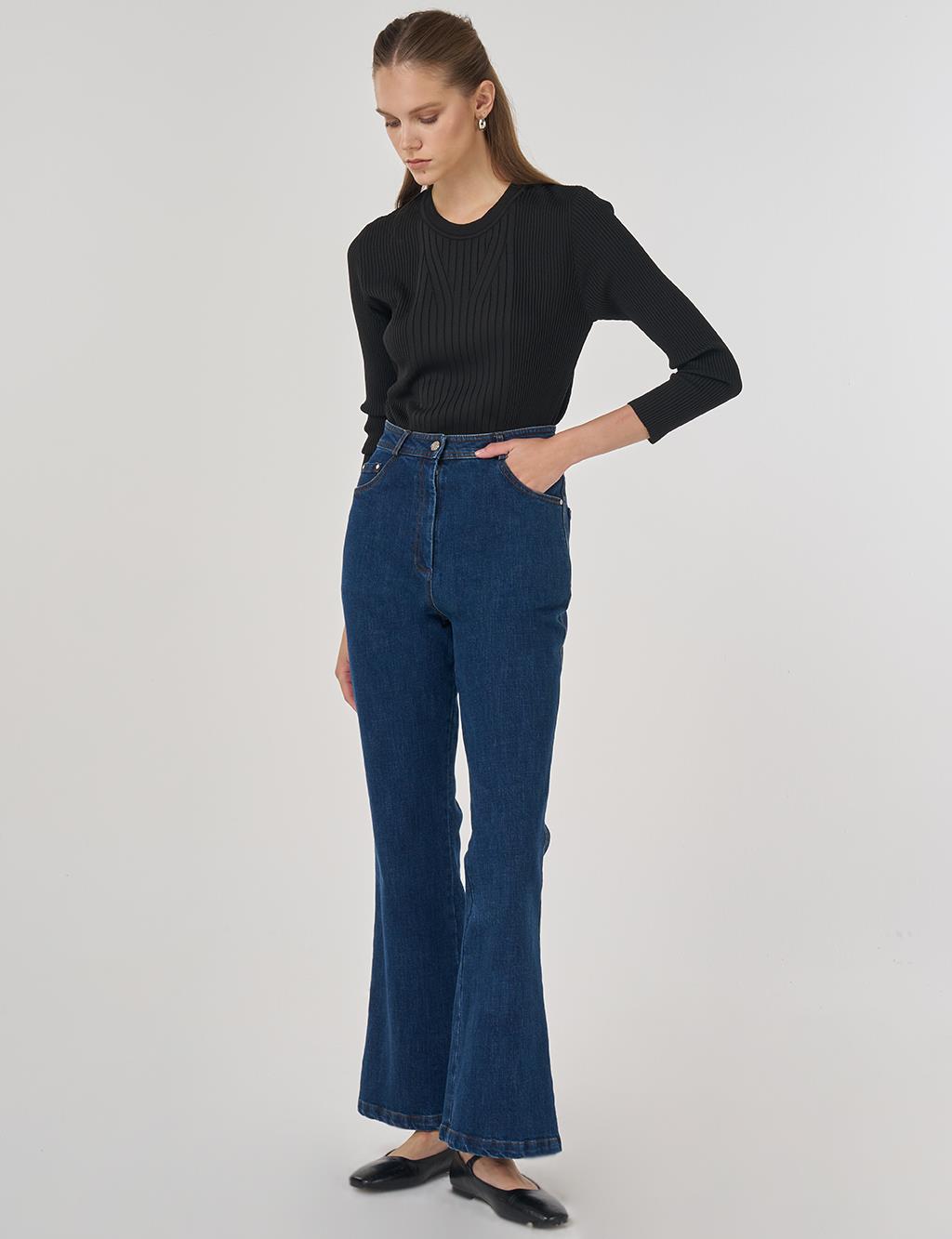 İspanyol Paça Denim Pantolon Lacivert 