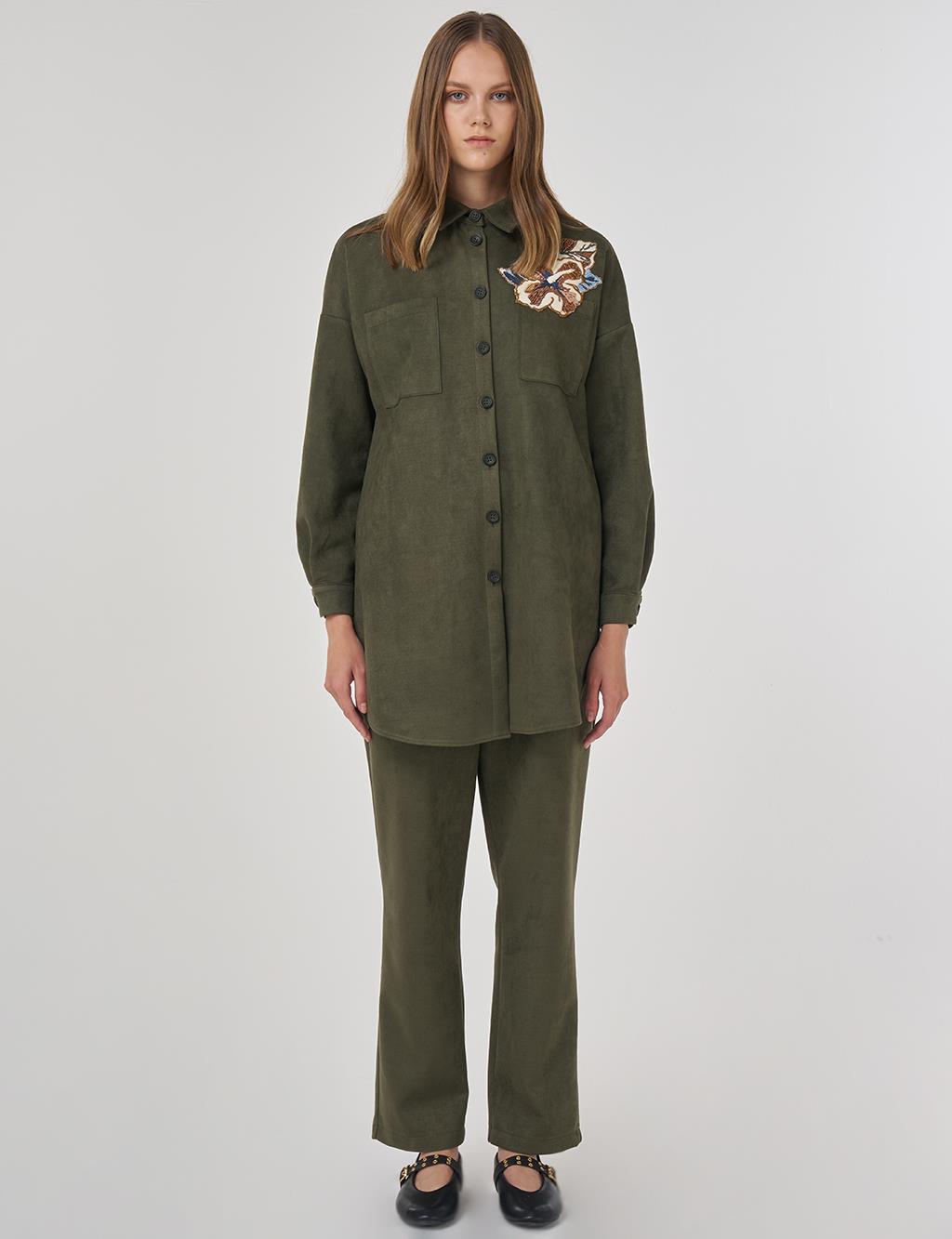 Embroidered Appliquéd Suede Two-Piece Suit in Dark Khaki
