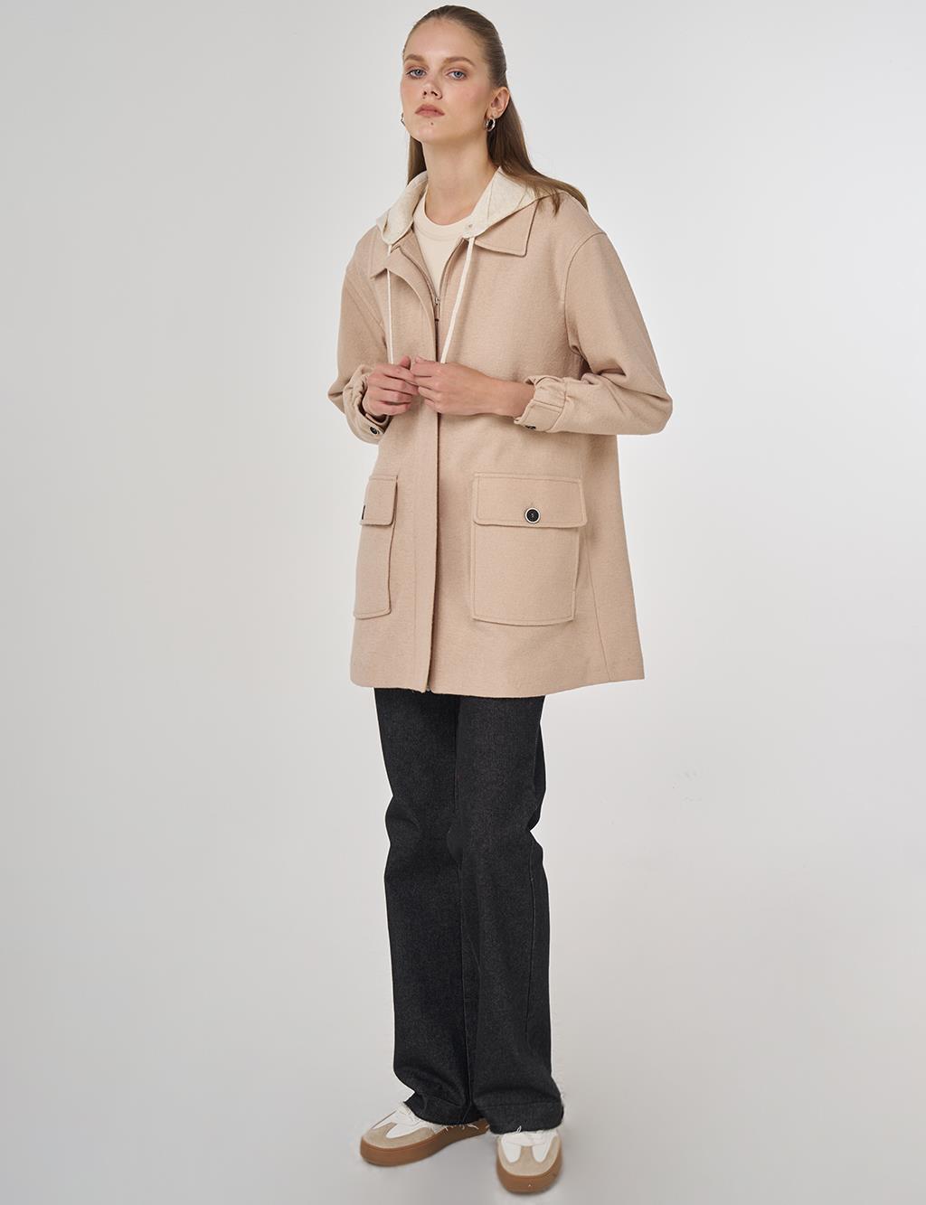 Kapüşonlu Yün Ceket Açık Bej