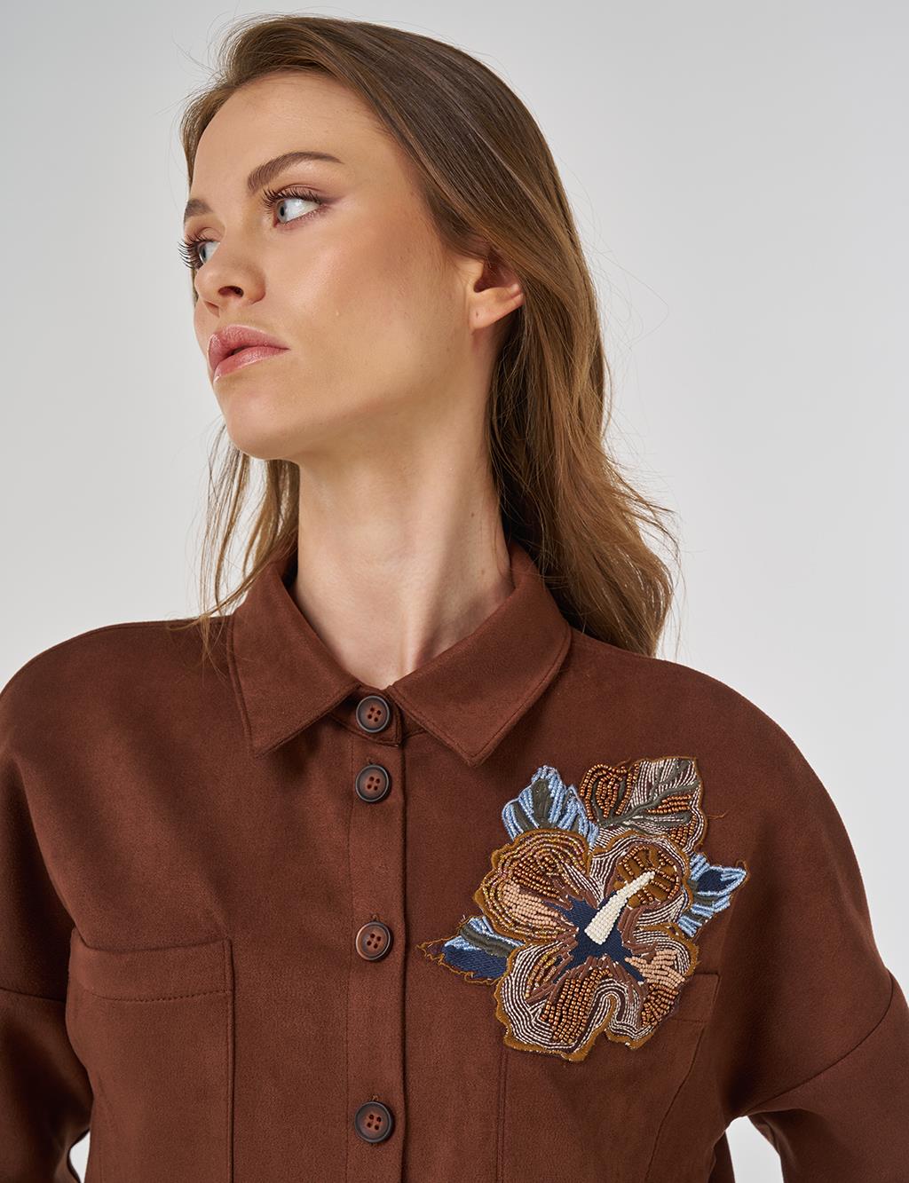 Embroidered Appliquéd Suede Two-Piece Suit in Camel