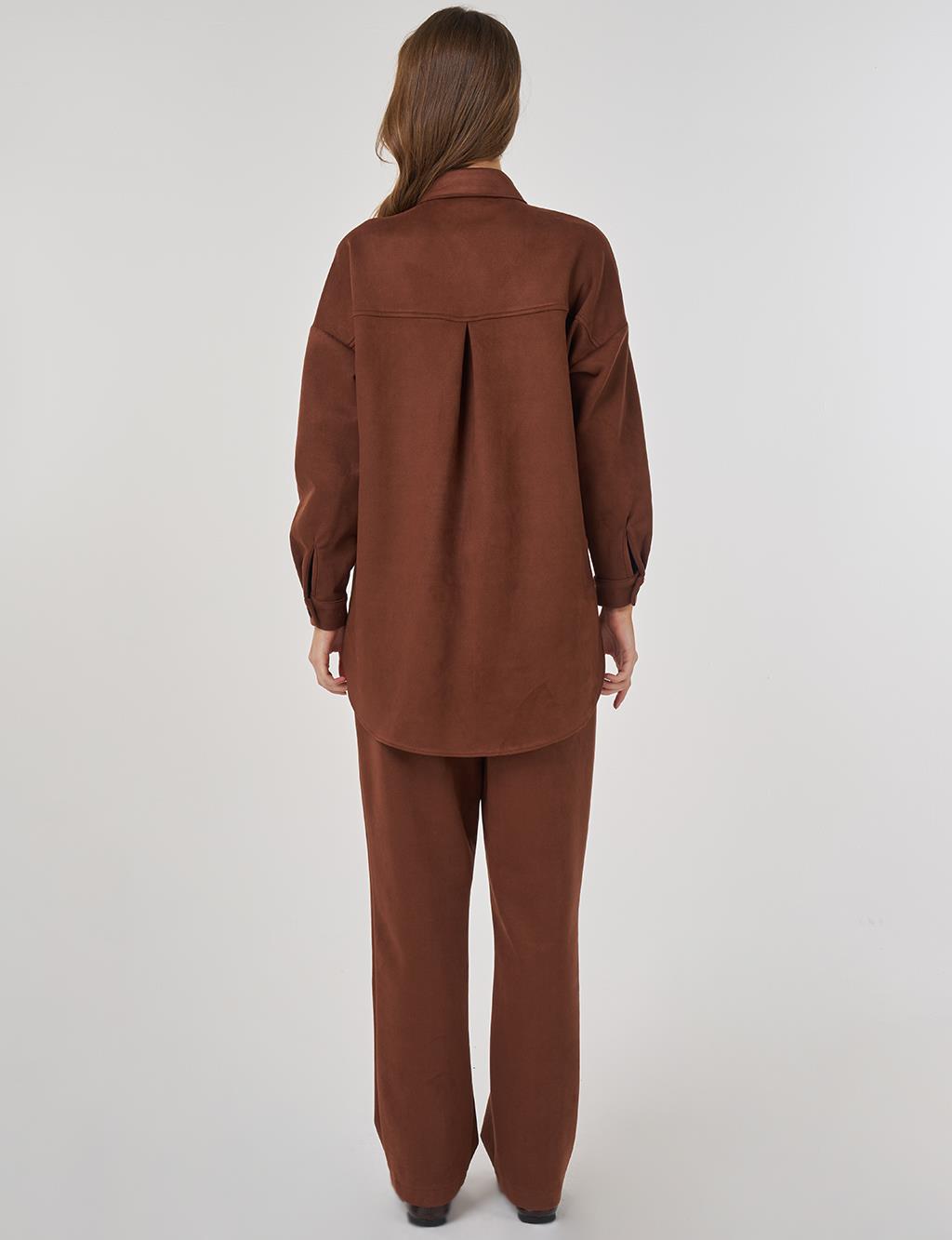 Embroidered Appliquéd Suede Two-Piece Suit in Camel