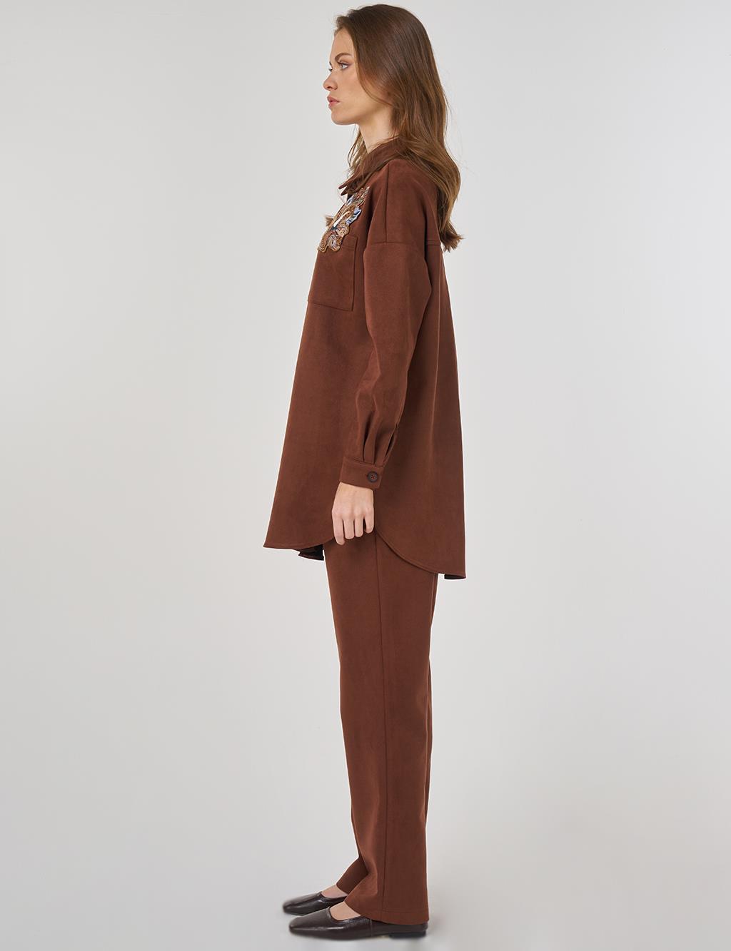 Embroidered Appliquéd Suede Two-Piece Suit in Camel