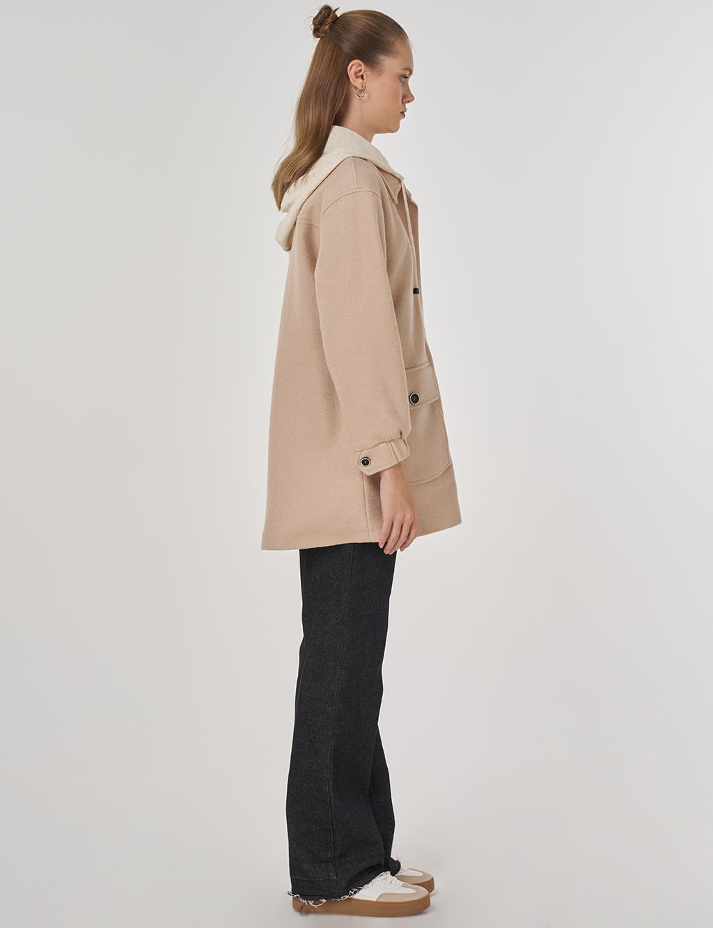 Kapüşonlu Yün Ceket Açık Bej