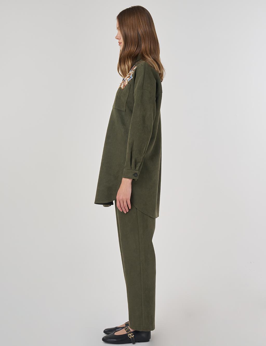 Embroidered Appliquéd Suede Two-Piece Suit in Dark Khaki