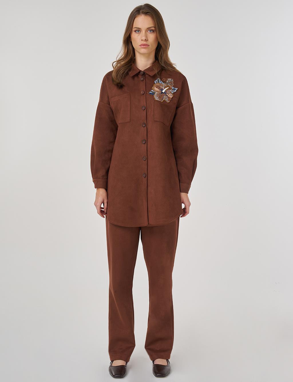 Embroidered Appliquéd Suede Two-Piece Suit in Camel