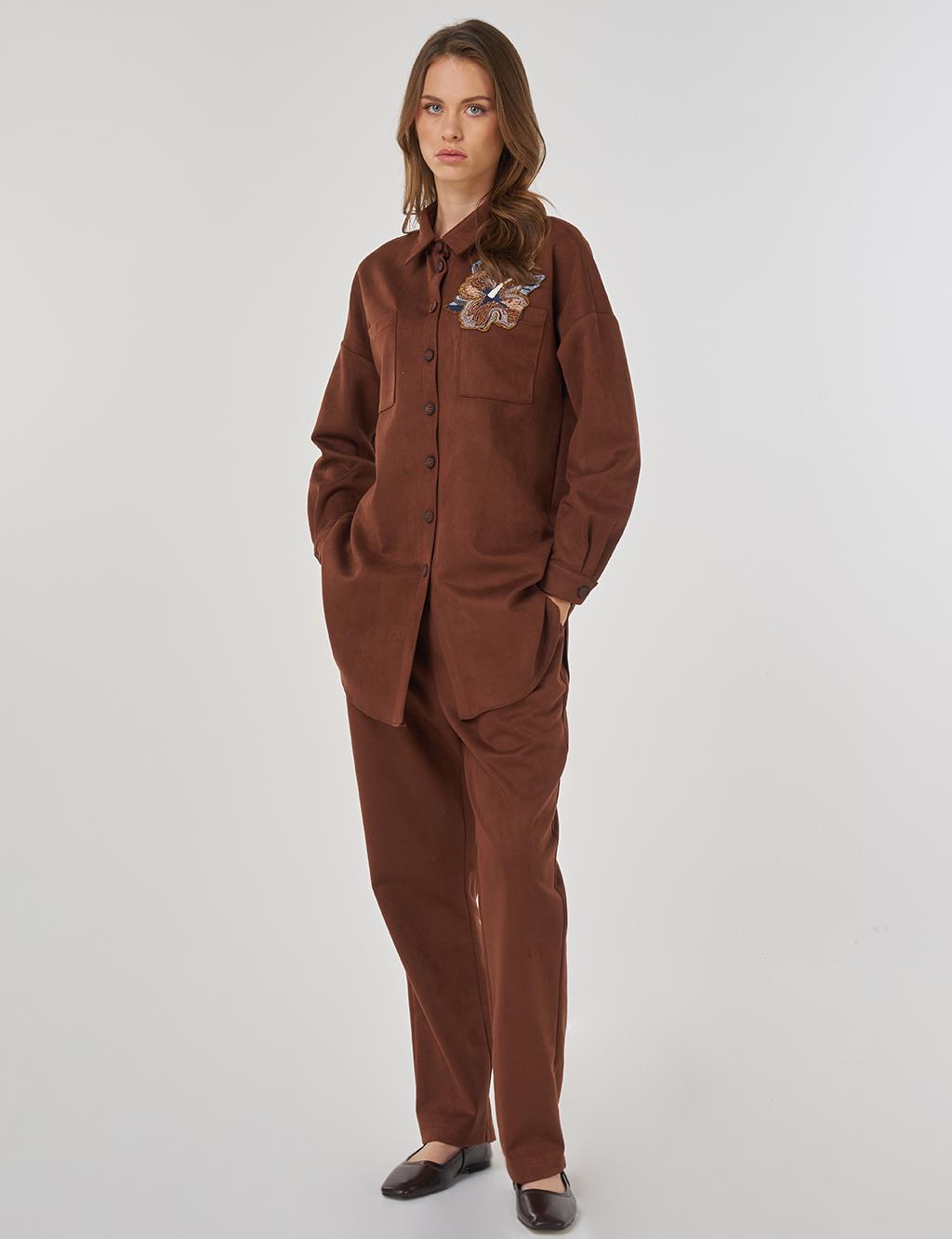 Embroidered Appliquéd Suede Two-Piece Suit in Camel