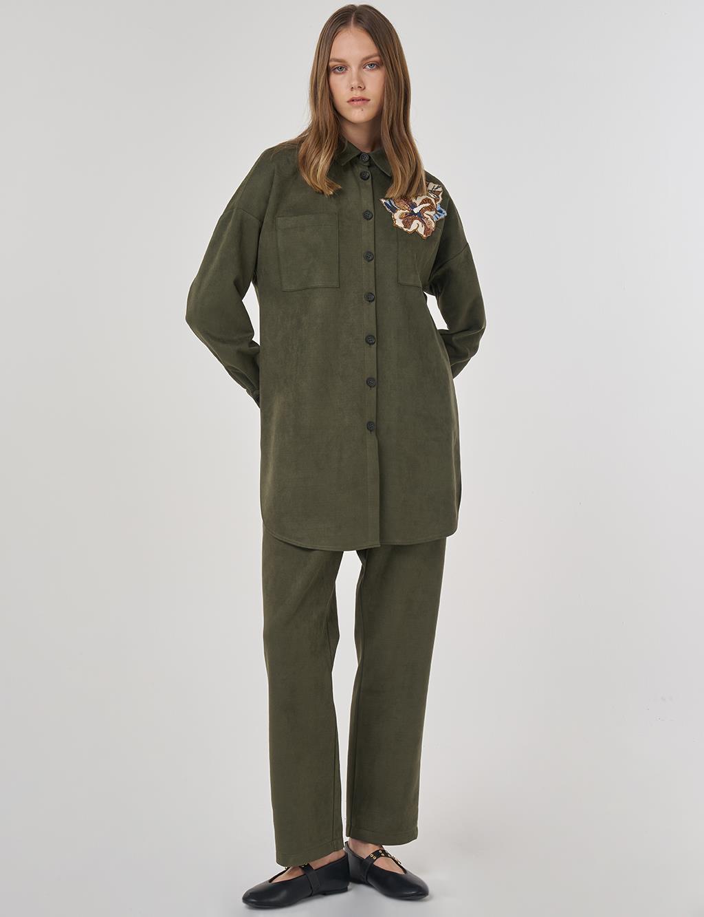 Embroidered Appliquéd Suede Two-Piece Suit in Dark Khaki