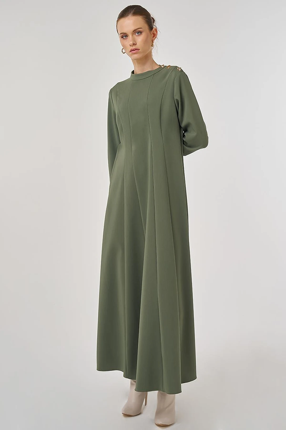 Shiny Button-Up Dress Forest Green