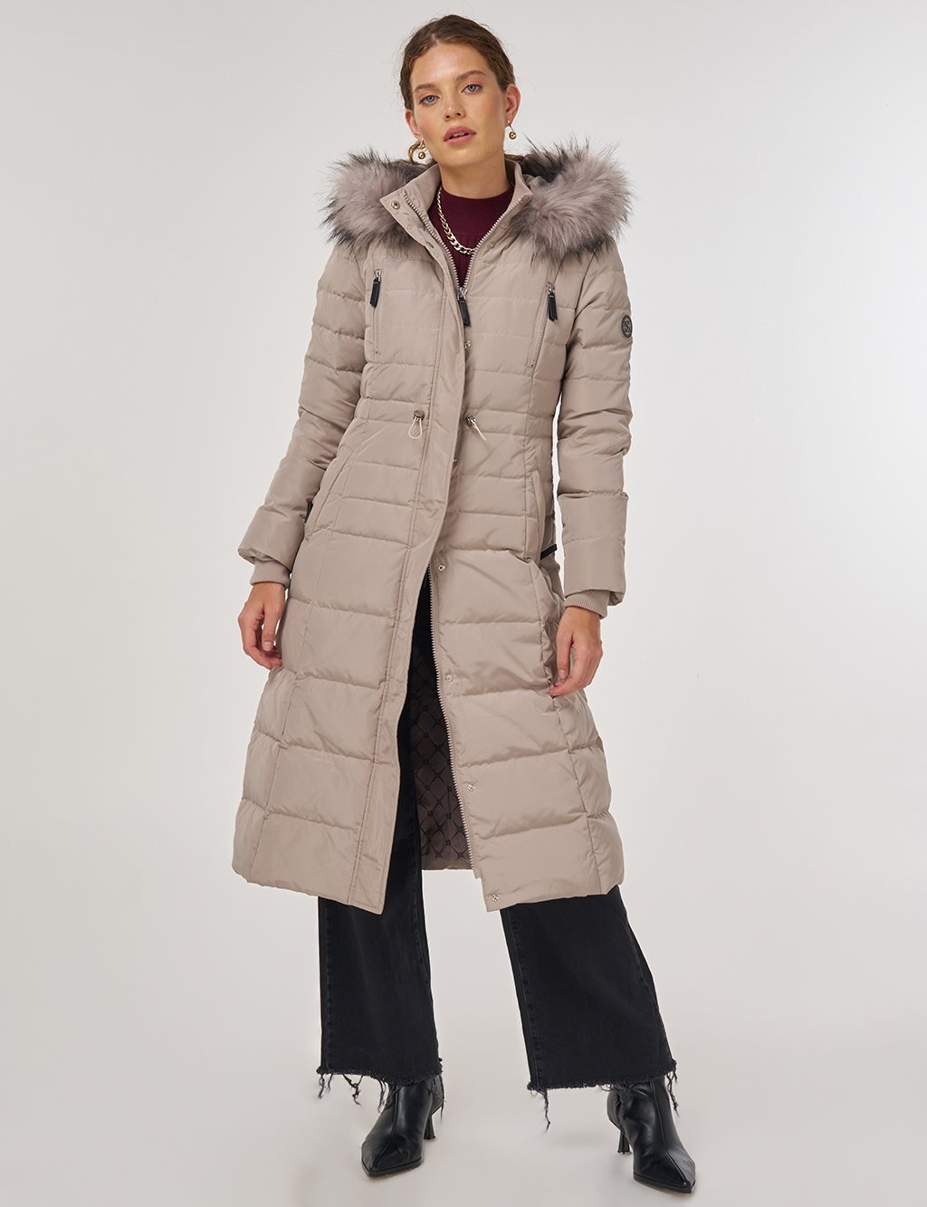 Drawstring Waist Goose Down Padded Coat Stone