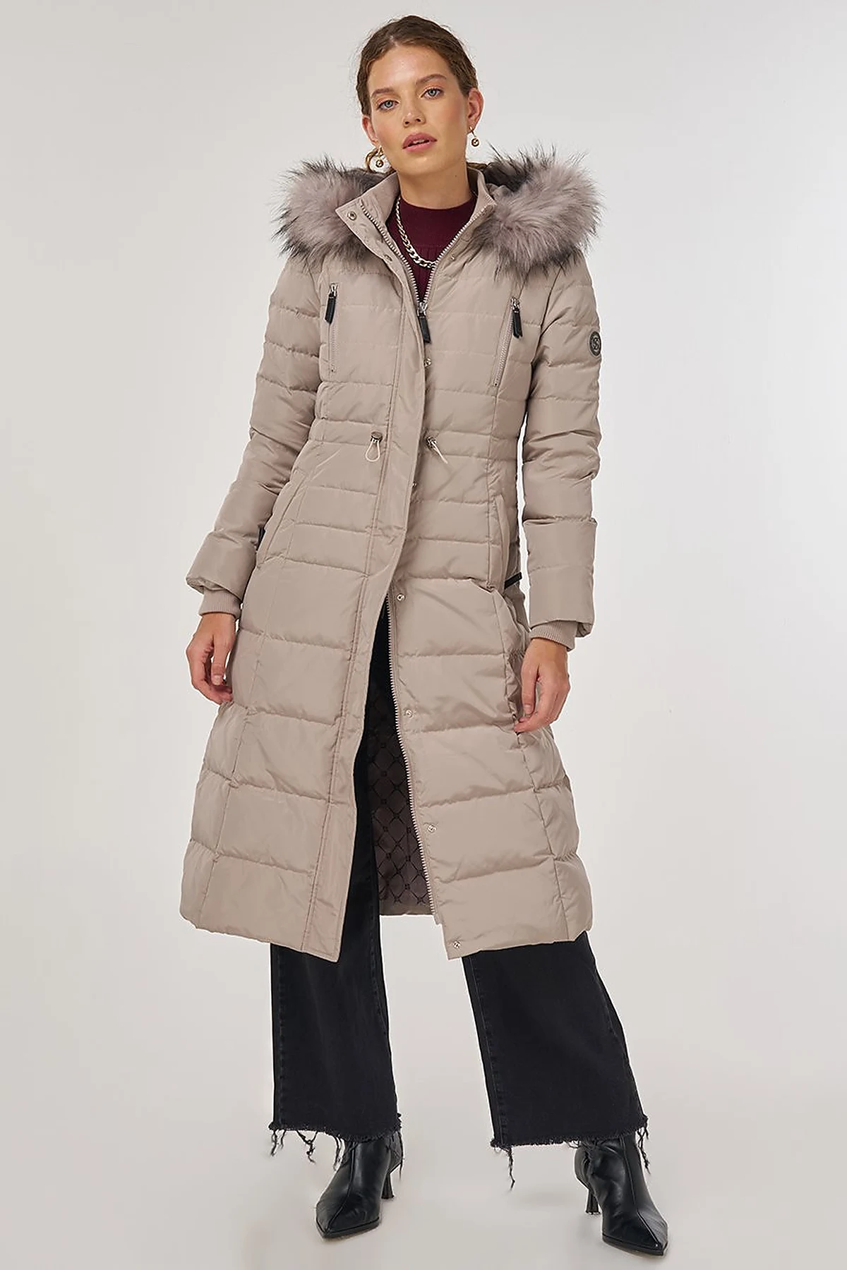 Drawstring Waist Goose Down Padded Coat Stone