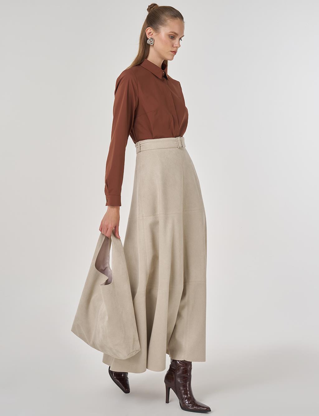 Buckle-Detailed Suede Skirt in Stone