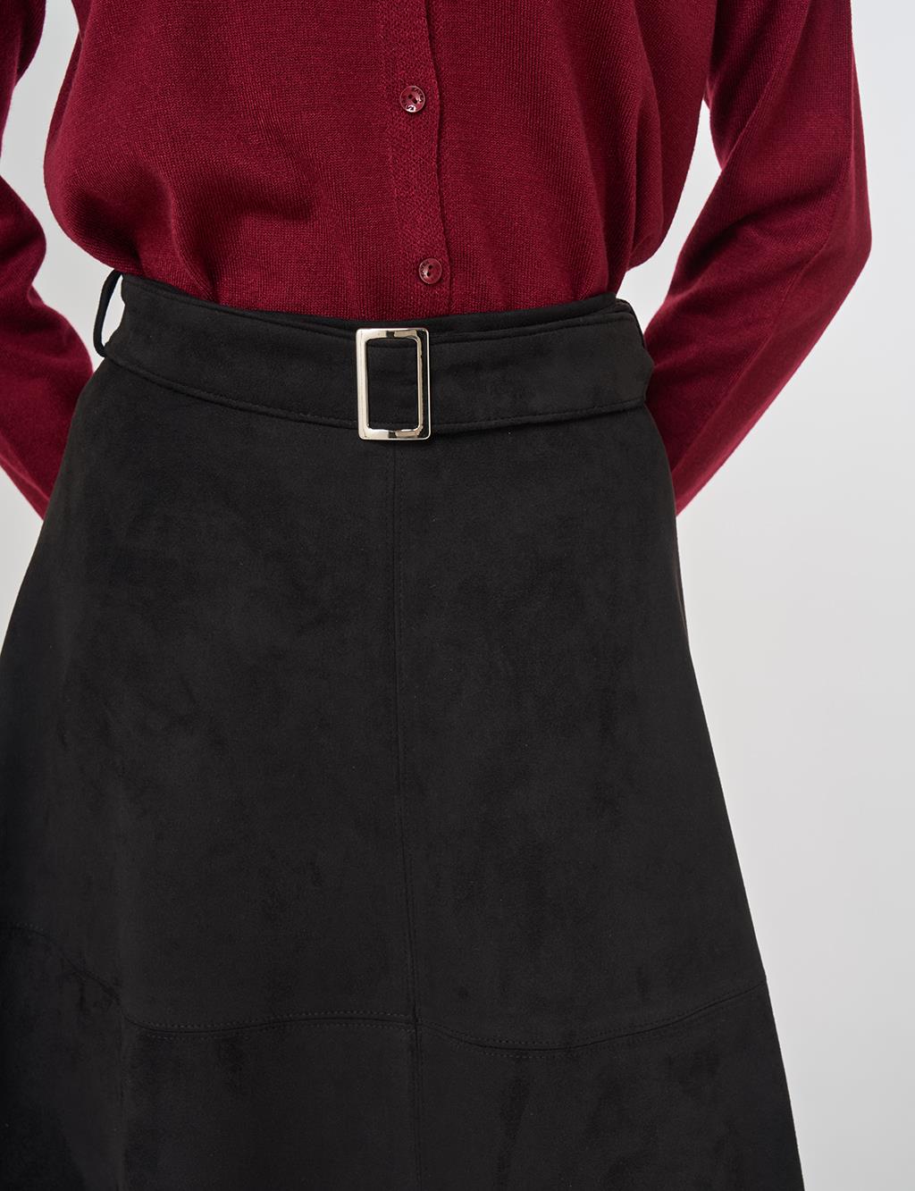 Buckle-Detailed Suede Skirt in Black