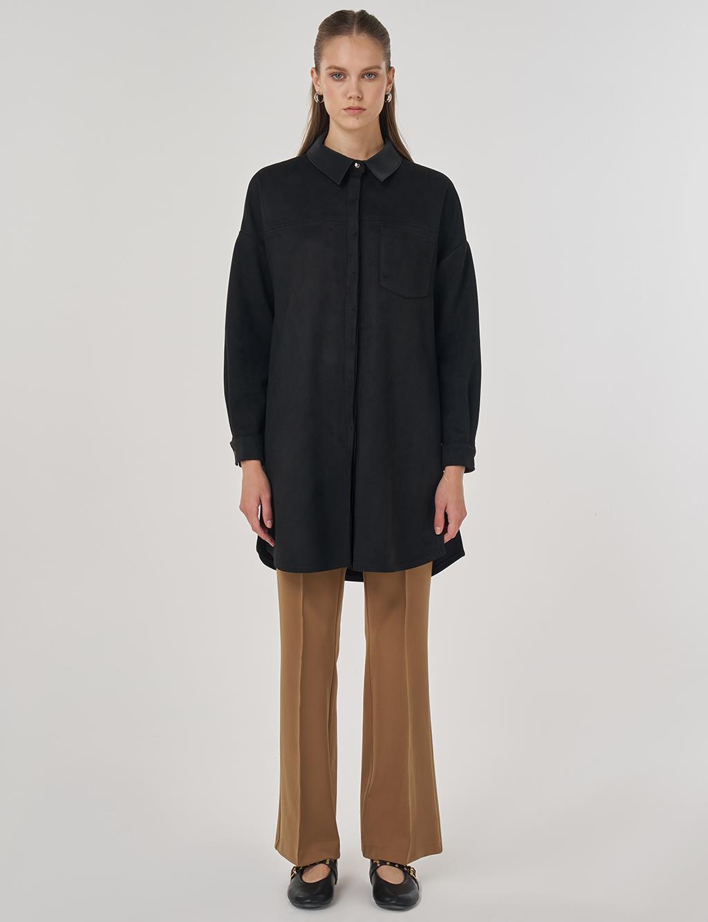 Shirt-Collar Suede Tunic in Black