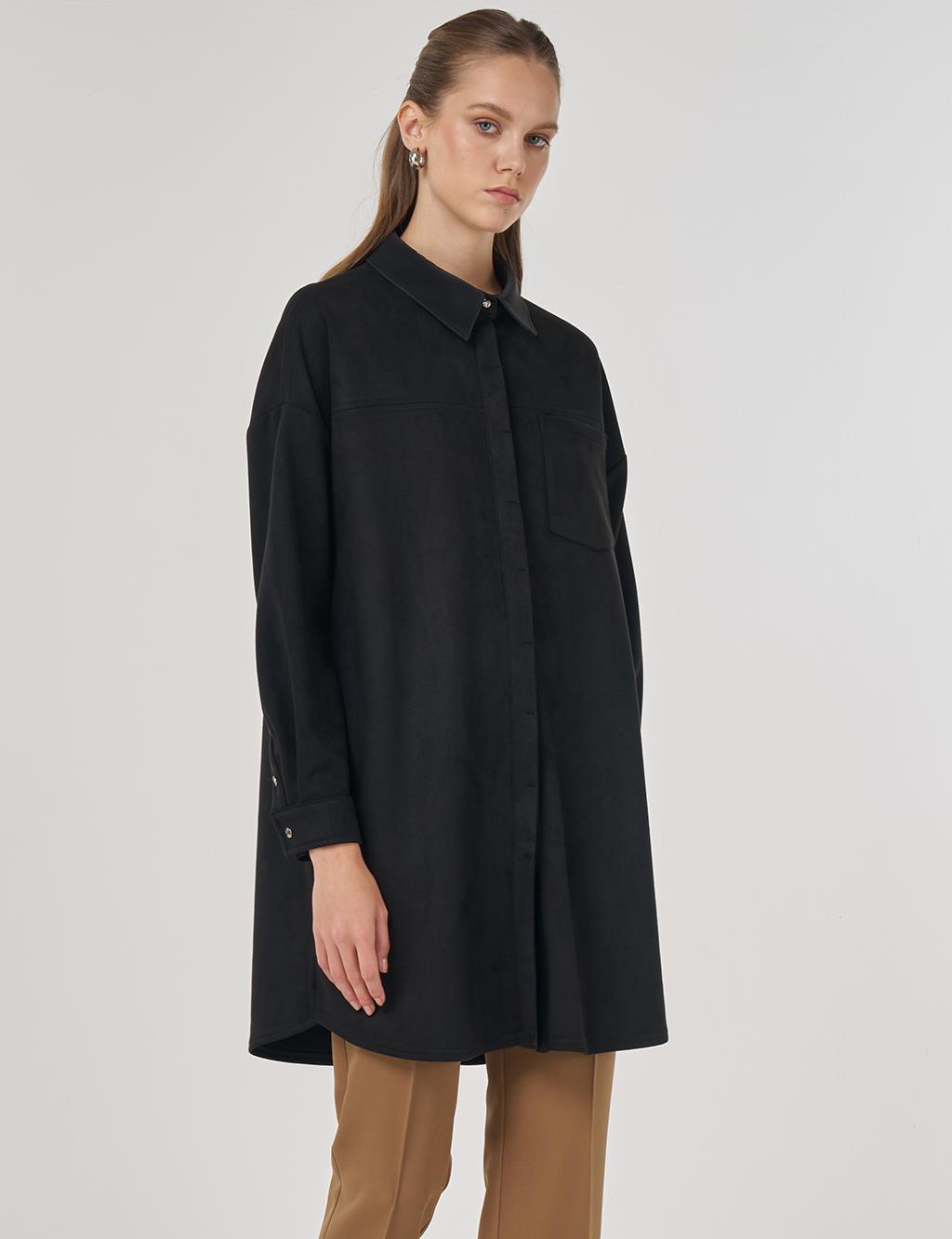 Shirt-Collar Suede Tunic in Black