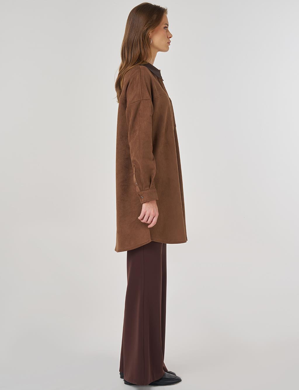 Shirt-Collar Suede Tunic in Mocha