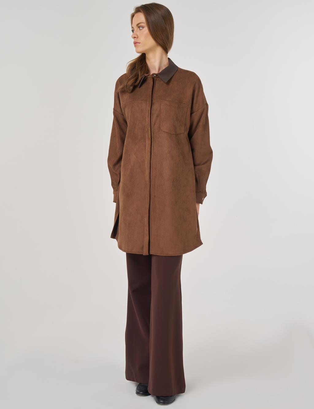 Shirt-Collar Suede Tunic in Mocha