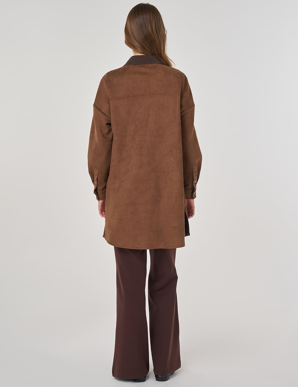 Shirt-Collar Suede Tunic in Mocha
