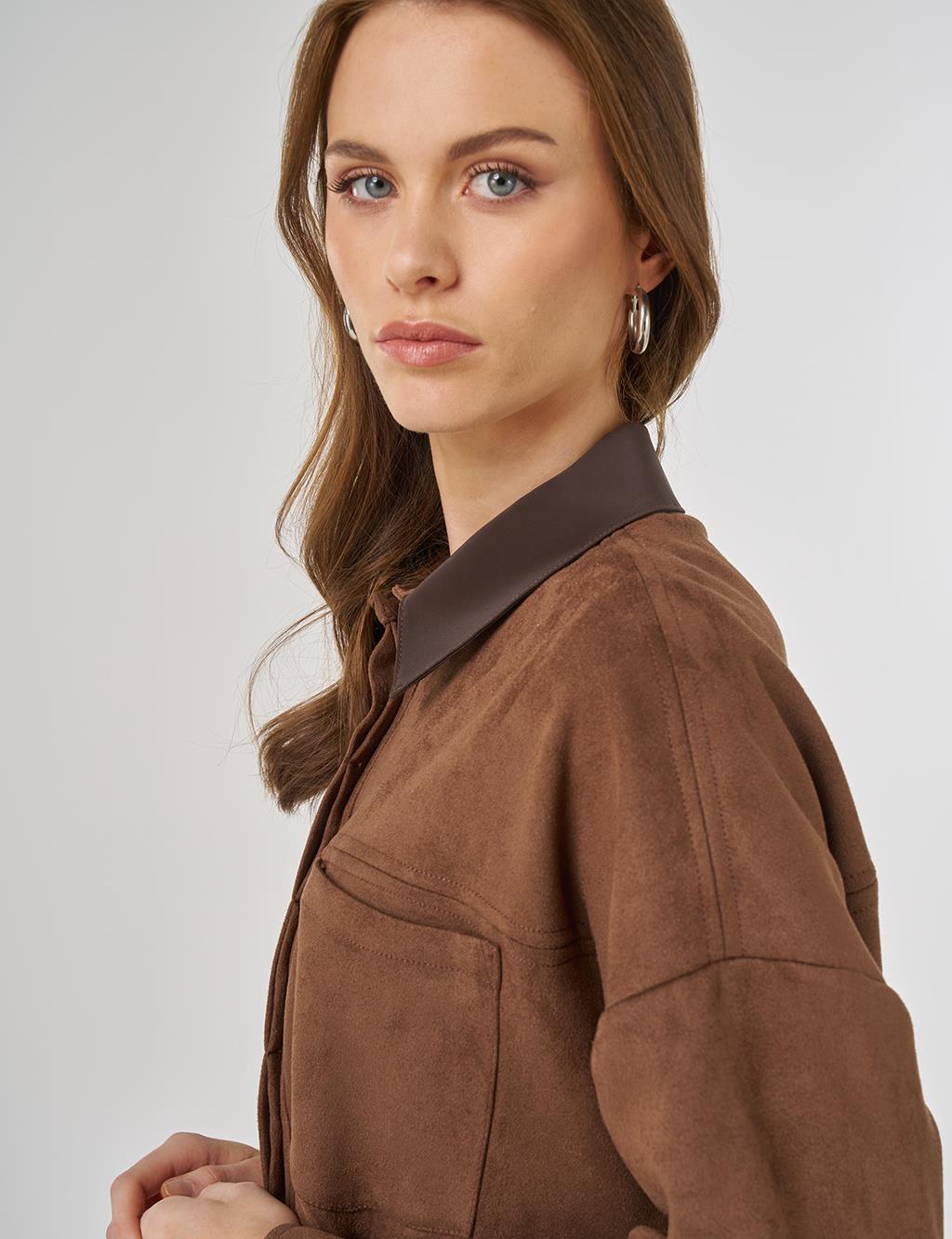 Shirt-Collar Suede Tunic in Mocha