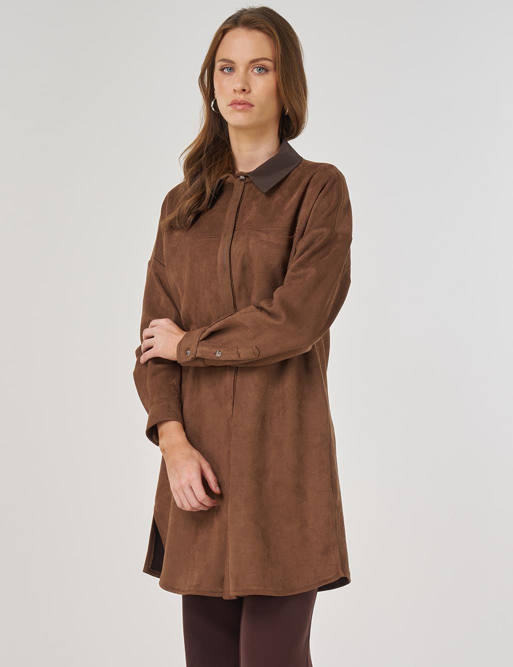 Shirt-Collar Suede Tunic in Mocha